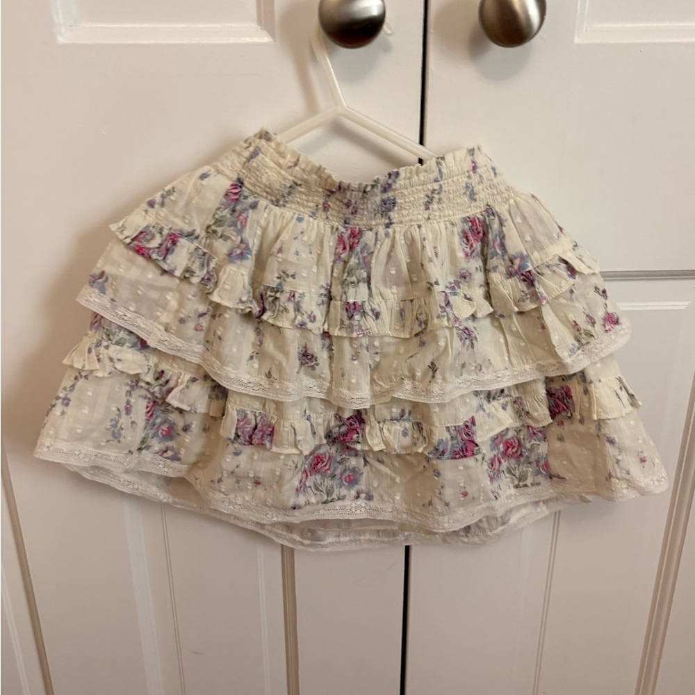 LoveShackFancy Cream Floral Ruffle Skirt